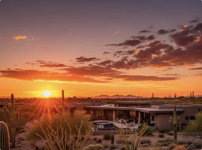 Casa moderna en el desierto de Phoenix con estructuras de sombra de fibra de vidrio