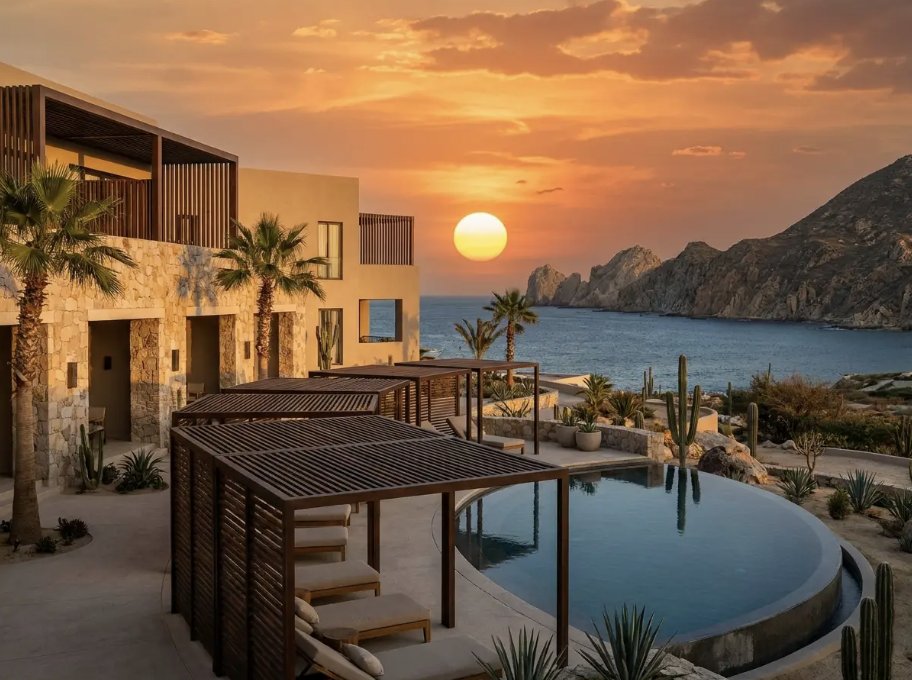 Pérgolas de fibra de vidrio con apariencia de madera en hotel de Los Cabos al atardecer