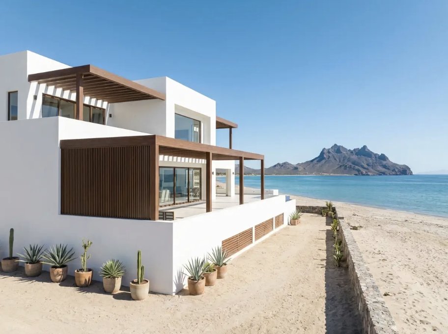 Casa de playa moderna en Bahía de Kino con celosías y pérgolas de fibra de vidrio