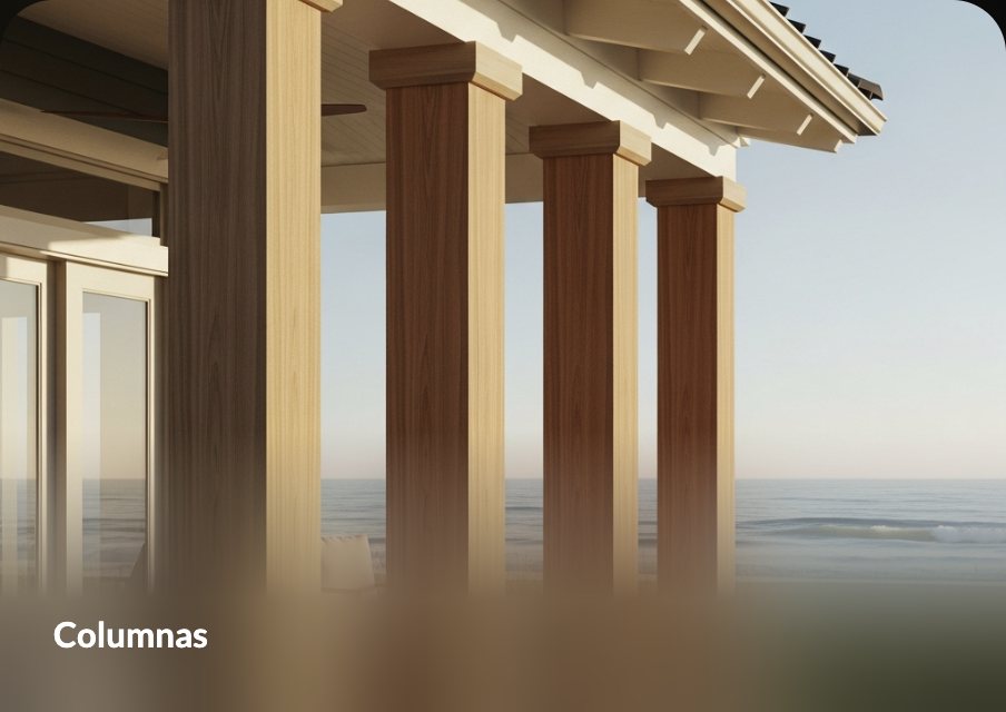 Columnas de fibra de vidrio con apariencia de madera en terraza costera