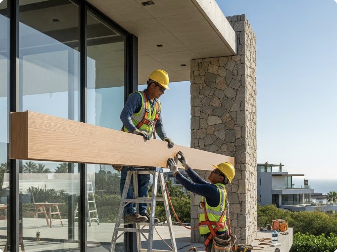 Equipo de Kinofibras montando una viga de fibra de vidrio con apariencia de madera en obra