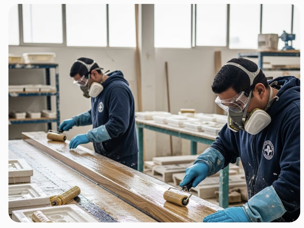Equipo de Kinofibras con respiradores, googles y guantes laminando una viga de fibra de vidrio en el taller